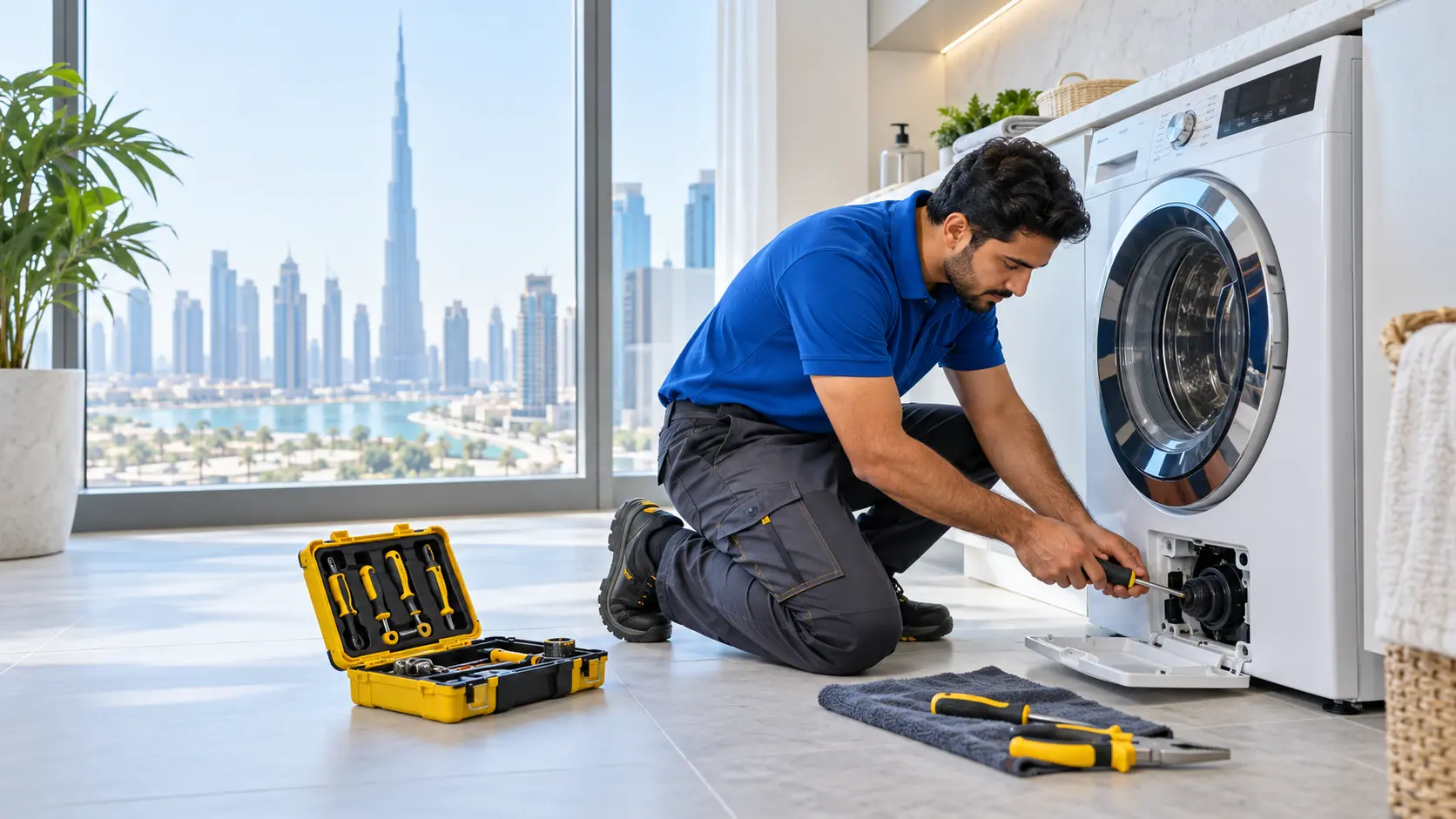Appliance technician inspecting a washing machine in Dubai